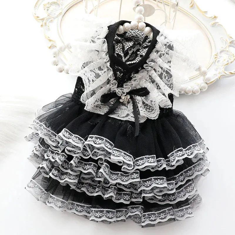 ANYWAGS Pet Clothes White and Black Princess Dress with Tassel Skirt for Cosplay and Special Occasions