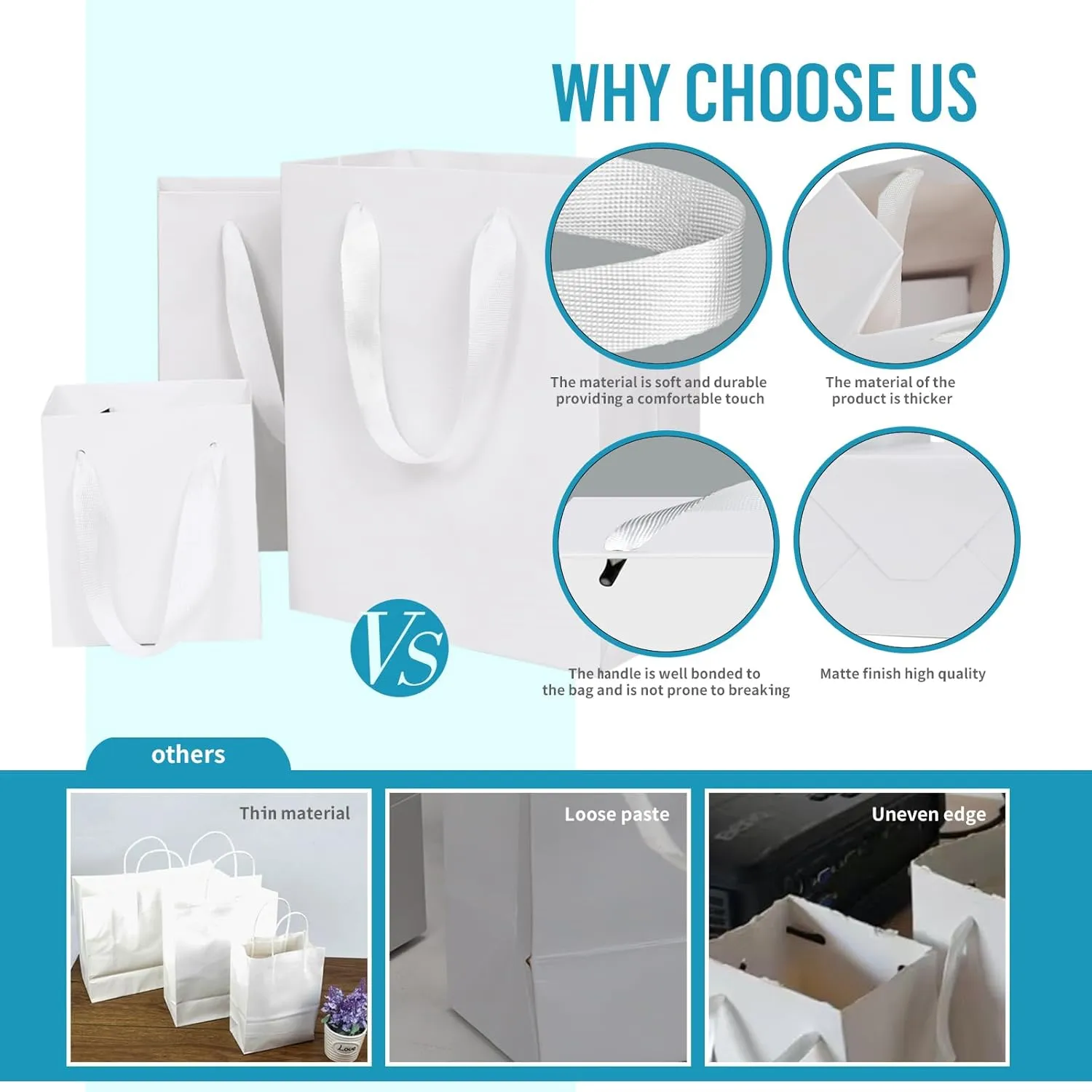 Aosric White Gift Bags with Handles, 12 Pcs 8"x5"x10" Durable, Reusable, Foldable Medium Cardstock Paper Bags for Party Favors, Christmas, Baby Shower, Birthday, Wedding, Shopping, and Retail Use