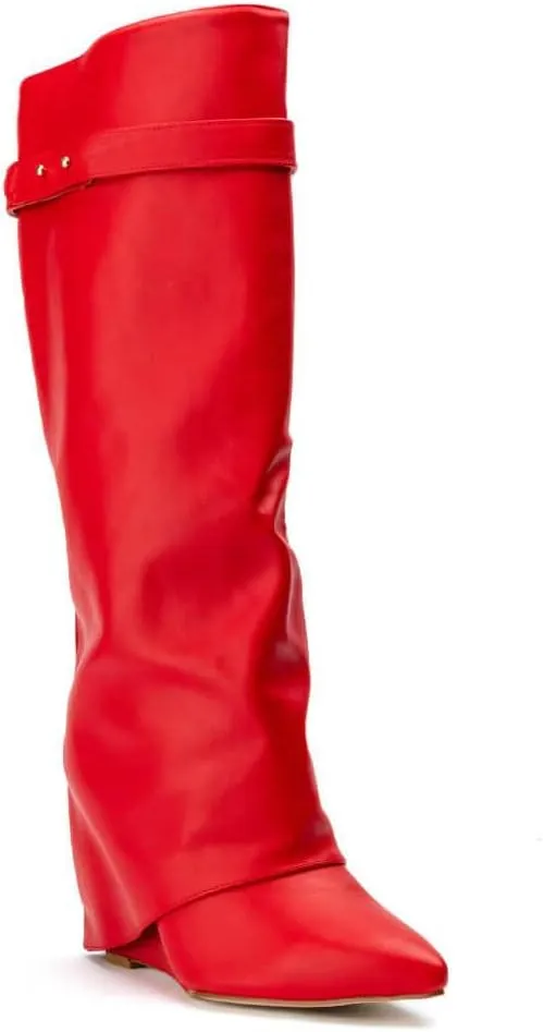 Arqa Fold Over Wedge Boots for Women Faux Crocodile Pattern Knee High Boot with Rivet Buckle Wide Calf Fall Shoes