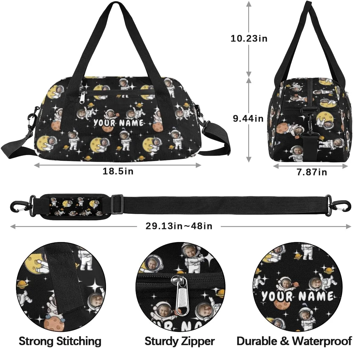 Astronaut Funny Face Personalized Kids Duffel Bag for Girls Boys, Astronauts Space Custom Dance Bag Overnight Small Duffel Bag Carry On Weekend Sports Travel Bag for School Practice Gymnastics Ballet