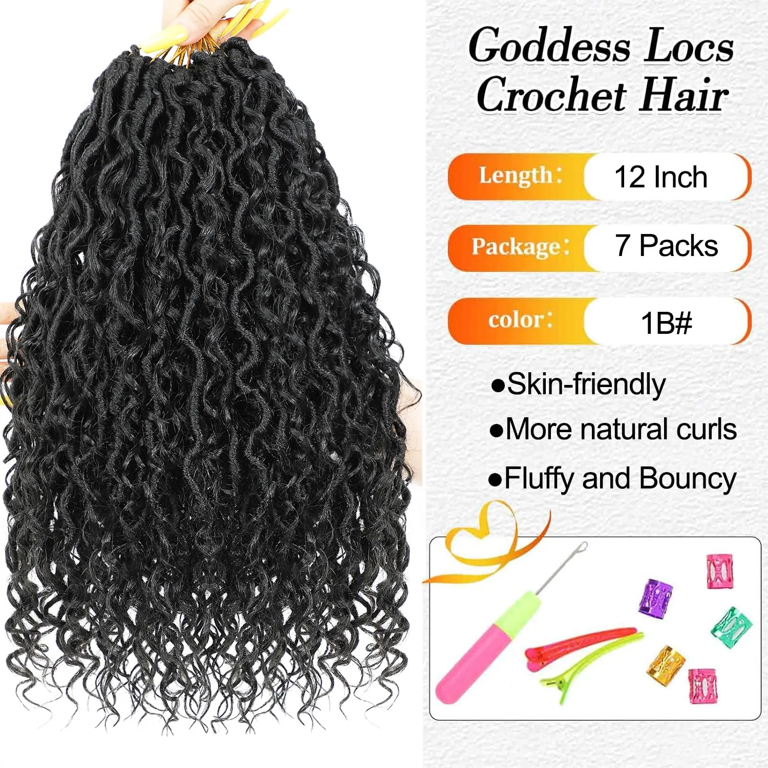 ATRAENTE Goddess Locs Crochet Hair 12 Inch 7 Packs Faux Locs Crochet Hair For Black Women Pre Looped Bohemian River With Curly Ends (12 Inch 7 Packs, #1B)