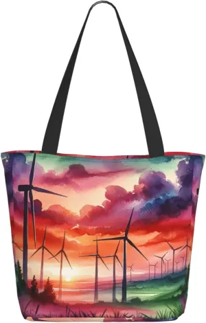 Augenstern Women Shoulder Bag Watercolor-Wind-Turbines-Vintage Foldable Tote Bag With Zipper Closure Casual Shopping Purse Daily Bag