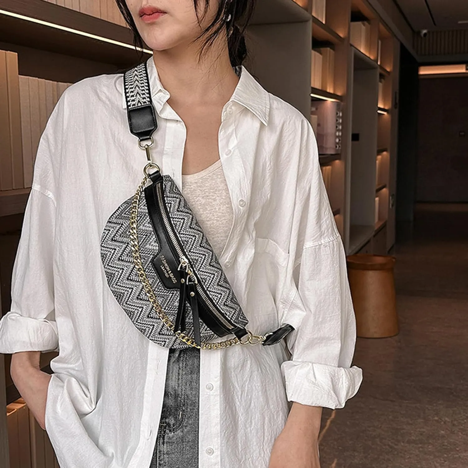 AuSion Minimalist Leather Crossbody Waist Bag for Women – Casual Chest Bag with Wide Adjustable Strap, Ethnic Style Hands-free Purse, Perfect for Everyday, Travel and Festival Wear