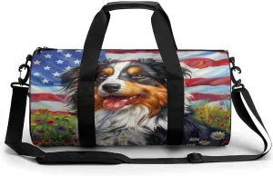 Australian Shepherd American US Flag Gym Bag Lightweight Carry On Duffel Bag Athletic Sports Travel Bag Weekender Bag for Men Women