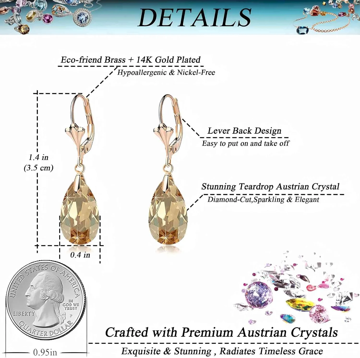 Austrian Crystal Teardrop Leverback Dangle Earrings for Women Fashion 14K Gold Plated Hypoallergenic Jewelry