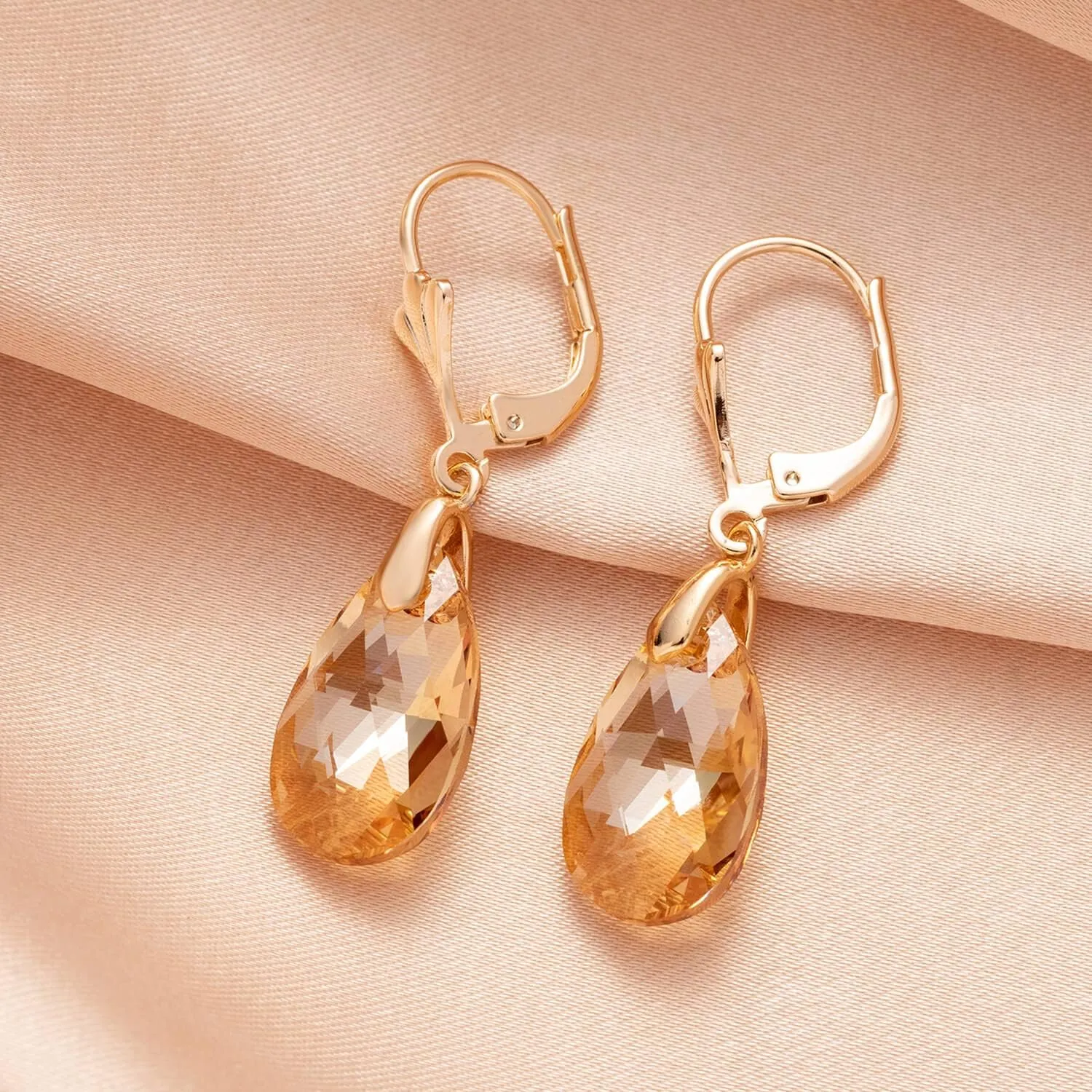 Austrian Crystal Teardrop Leverback Dangle Earrings for Women Fashion 14K Gold Plated Hypoallergenic Jewelry