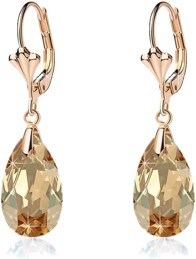 Austrian Crystal Teardrop Leverback Dangle Earrings for Women Fashion 14K Gold Plated Hypoallergenic Jewelry
