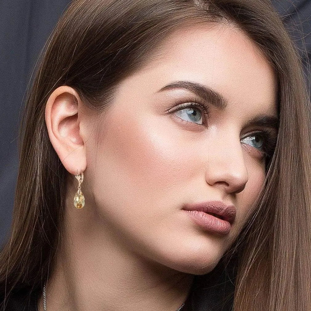 Austrian Crystal Teardrop Leverback Dangle Earrings for Women Fashion 14K Gold Plated Hypoallergenic Jewelry