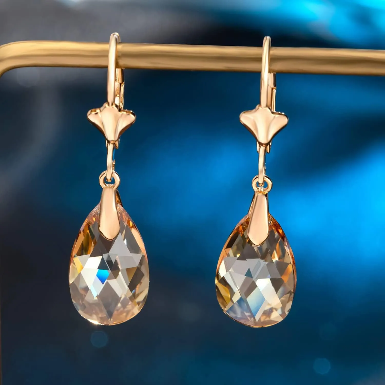 Austrian Crystal Teardrop Leverback Dangle Earrings for Women Fashion 14K Gold Plated Hypoallergenic Jewelry