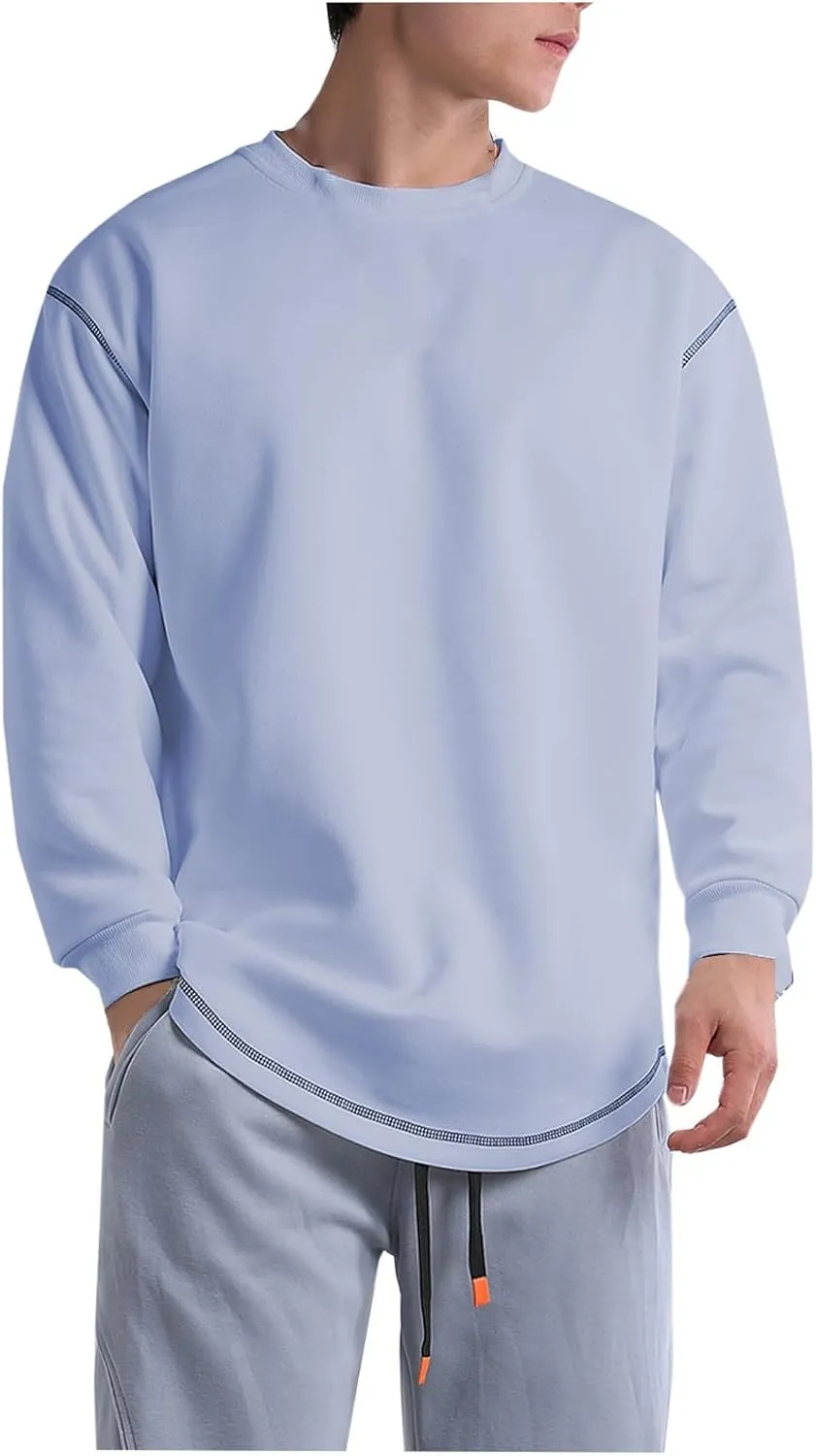 Aymnlox Mens Sweatshirts Fashion Solid Color Long Sleeve Cotton Sweatshirt Loose Fit Outdoor Casual Crewneck Pullover