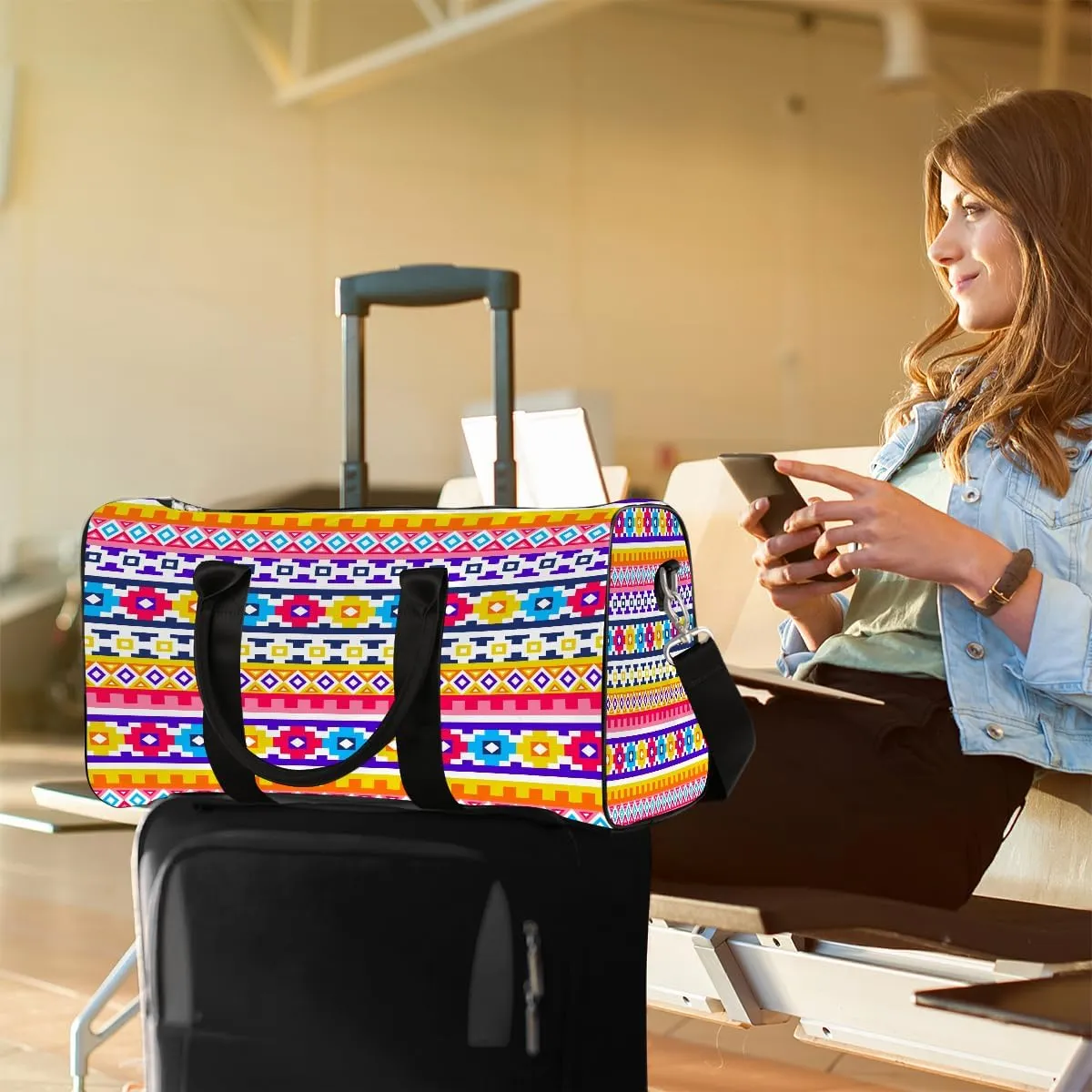 Aztec Western Rainbow Travel Duffle Bag Sports Gym Bags for Women Men Weekender Overnight Bags Waterproof Carry On Tote Bag Workout Bag for Dance Swimming Yoga Hospital
