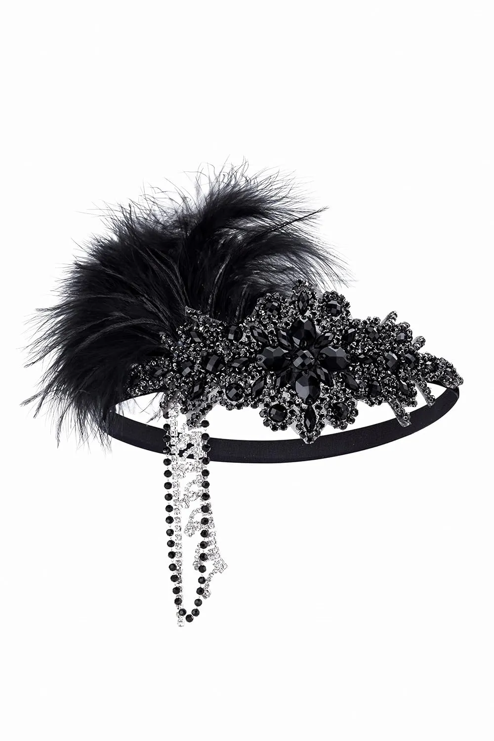 BABEYOND Women's 1920s Headband Flapper Feather Headpiece with Chain Roaring 20s Great Gatsby Themed Party Hair Accessory (Black)