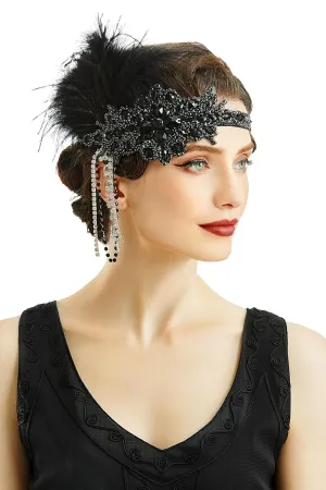 BABEYOND Women's 1920s Headband Flapper Feather Headpiece with Chain Roaring 20s Great Gatsby Themed Party Hair Accessory (Black)