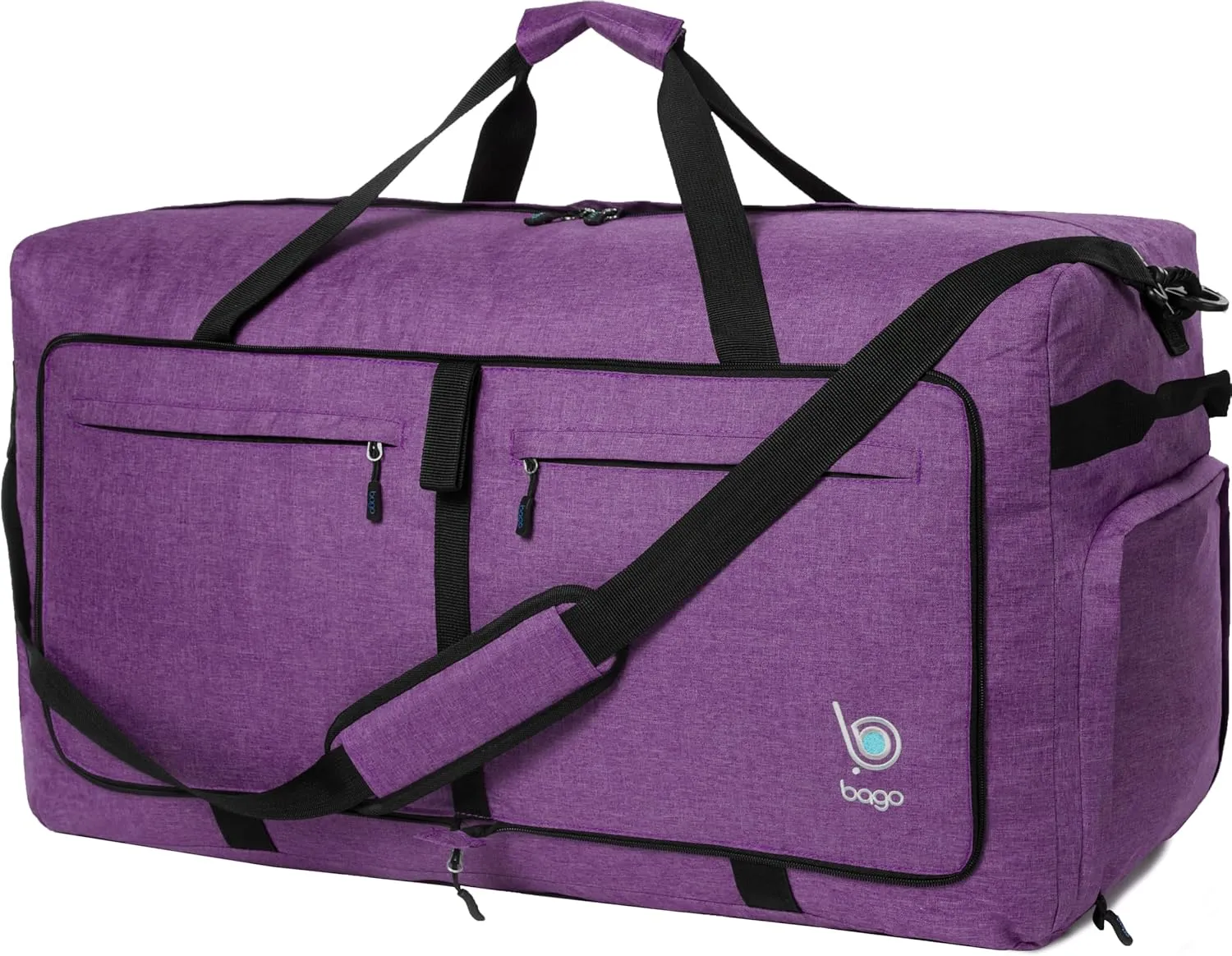 Bago Large Foldable Duffel Bags for Traveling Women & Men - 100L Packable Duffle Bag for Travel with Shoe Compartment - Water Repellant, Heavy Duty, Lightweight Folding & Collapsible (SnowDepPurple)