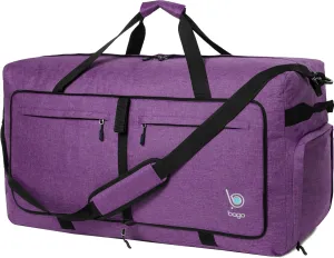 Bago Large Foldable Duffel Bags for Traveling Women & Men - 100L Packable Duffle Bag for Travel with Shoe Compartment - Water Repellant, Heavy Duty, Lightweight Folding & Collapsible (SnowDepPurple)
