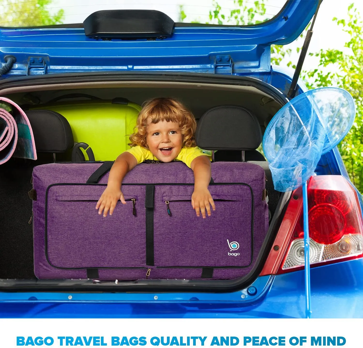 Bago Large Foldable Duffel Bags for Traveling Women & Men - 100L Packable Duffle Bag for Travel with Shoe Compartment - Water Repellant, Heavy Duty, Lightweight Folding & Collapsible (SnowDepPurple)