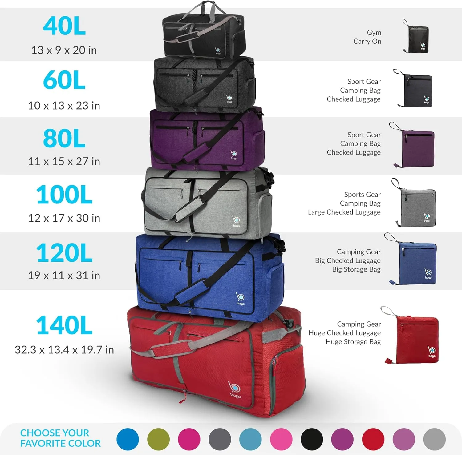 Bago Large Foldable Duffel Bags for Traveling Women & Men - 100L Packable Duffle Bag for Travel with Shoe Compartment - Water Repellant, Heavy Duty, Lightweight Folding & Collapsible (SnowDepPurple)
