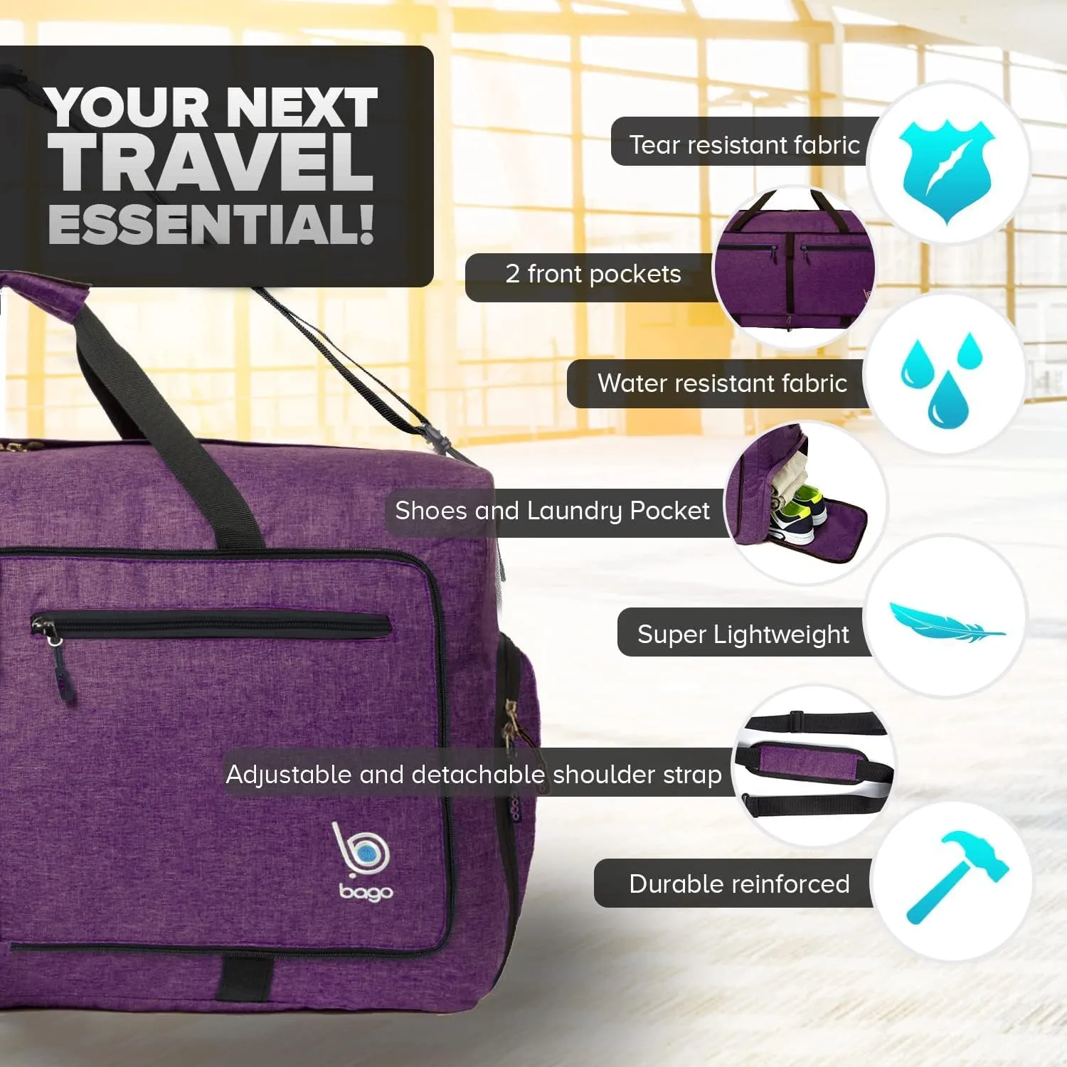 Bago Large Foldable Duffel Bags for Traveling Women & Men - 100L Packable Duffle Bag for Travel with Shoe Compartment - Water Repellant, Heavy Duty, Lightweight Folding & Collapsible (SnowDepPurple)