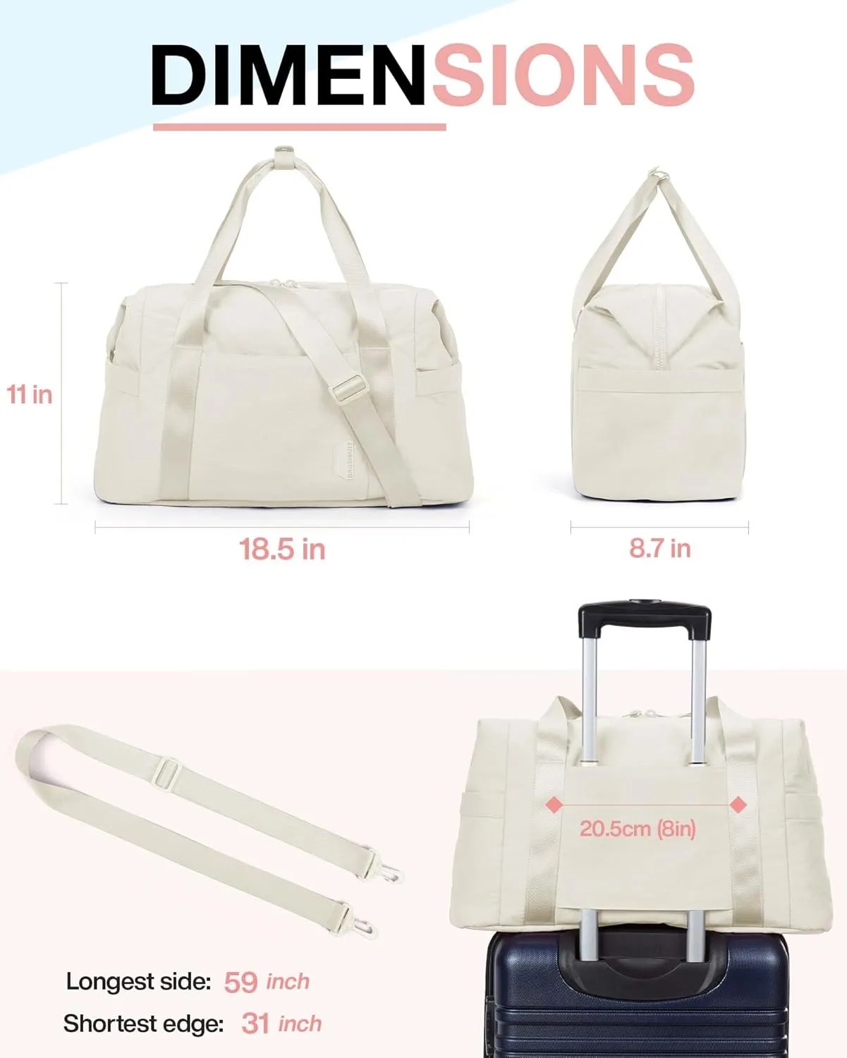 BAGSMART BAGSMART Gym Bag for Women, Carry on Weekender Overnight Bag, Travel Duffel Bags with Trolley Sleeve, Personal Item Travel Bag Tote Bag Workout Dance Bag(Light Beige,Medium)