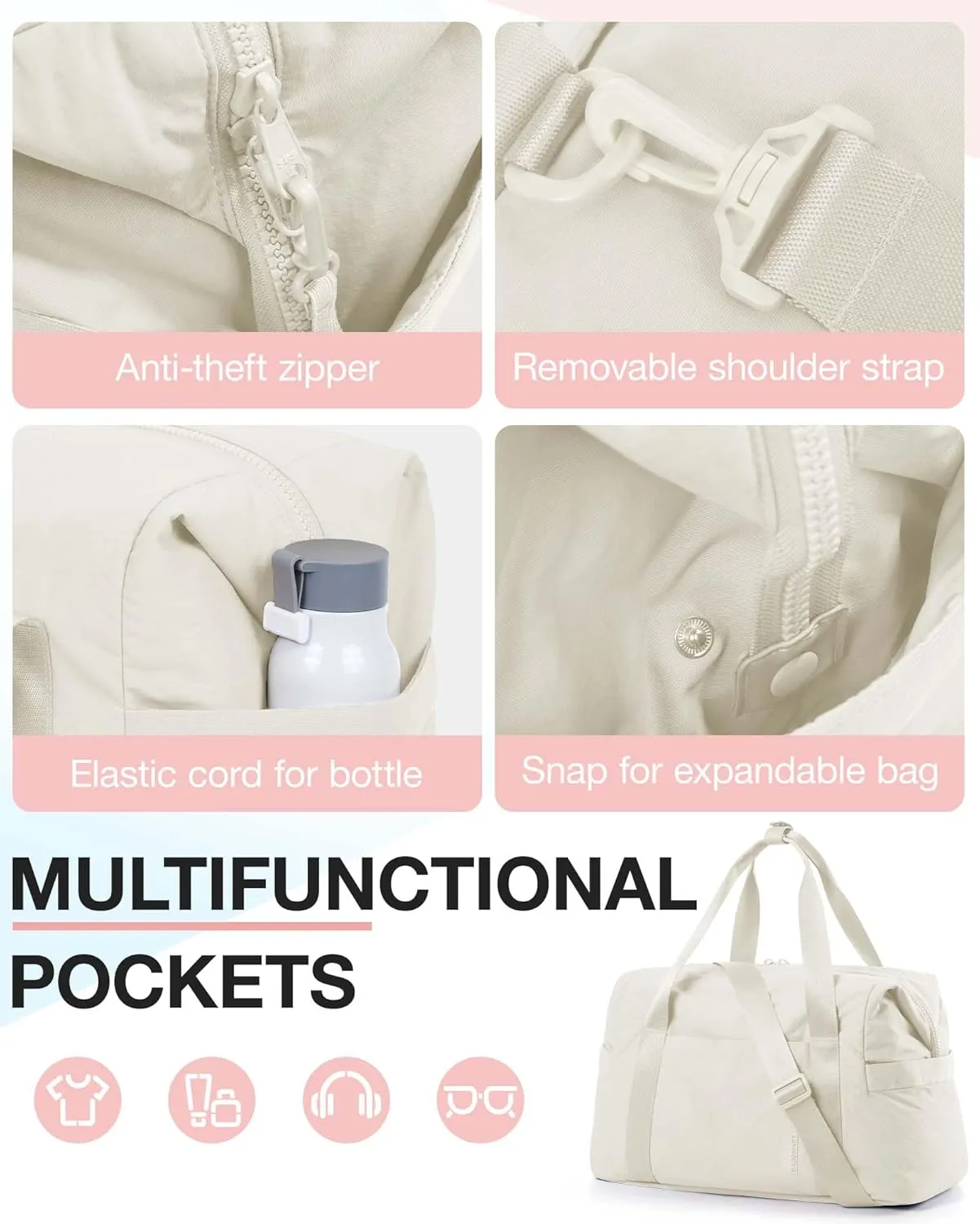 BAGSMART BAGSMART Gym Bag for Women, Carry on Weekender Overnight Bag, Travel Duffel Bags with Trolley Sleeve, Personal Item Travel Bag Tote Bag Workout Dance Bag(Light Beige,Medium)