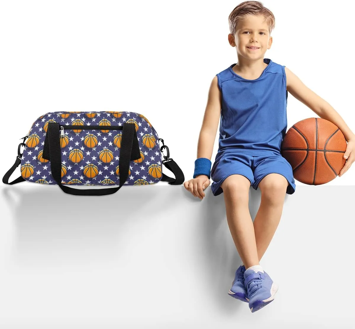 Basketball Kids Duffel Bag for Girls Boys Teens, Stars Blue Dance Bag Overnight Small Duffel Bag Carry On Weekend Sports Gym Travel Bag for School Practice Gymnastics Ballet