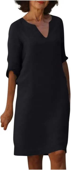 BAXLIMEK Cotton Linen Dresses for Women,2025 Summer Trendy Elegant Plain Beach Dress,Casual 3/4 Sleeve Midi Dress