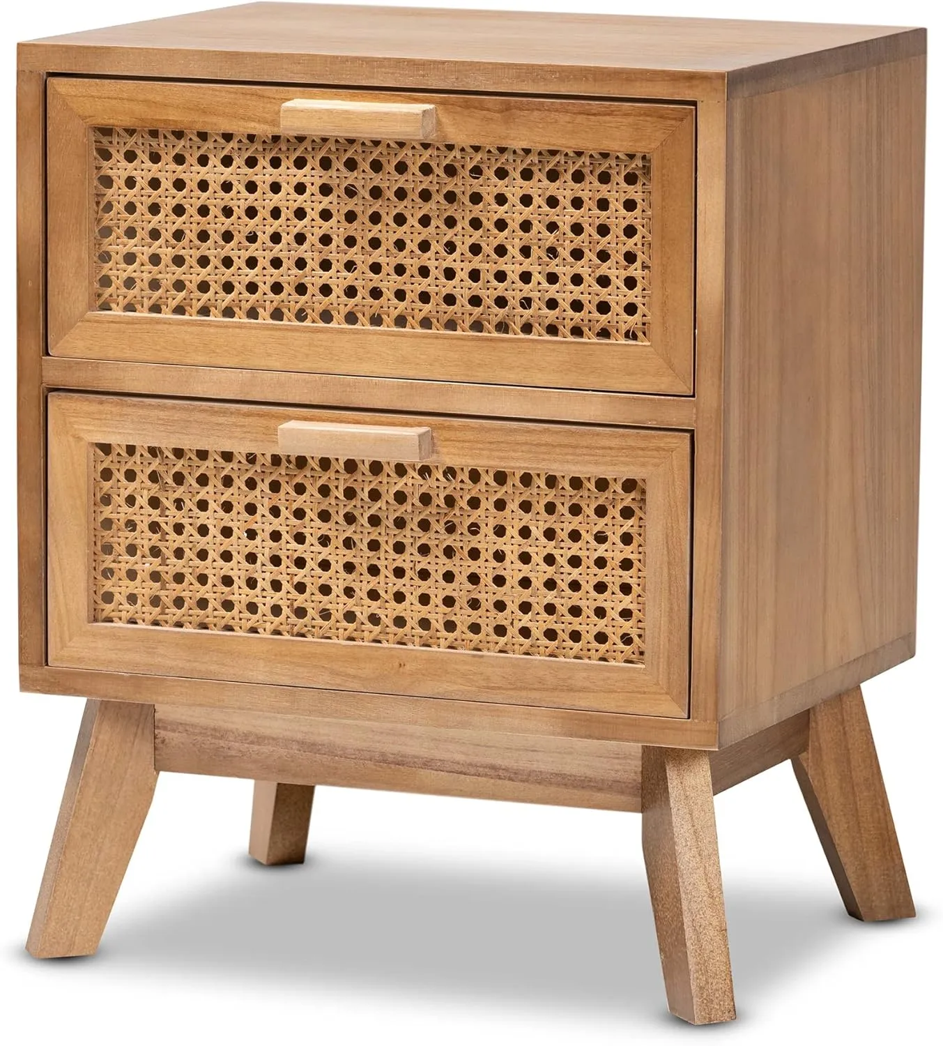Baxton Studio Baden Mid-Century Modern Walnut Brown Finished Wood 2-Drawer End Table with Rattan