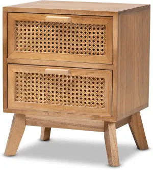 Baxton Studio Baden Mid-Century Modern Walnut Brown Finished Wood 2-Drawer End Table with Rattan