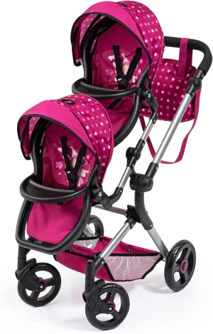 Bayer Design Dolls: Pram Neo Twin - Hot Pink & Polka Dots, Fairy - Seats 2 Dolls Up to 18", Shoulder Bag, Adjustable Handle, Foldable, Kids Ages 3 