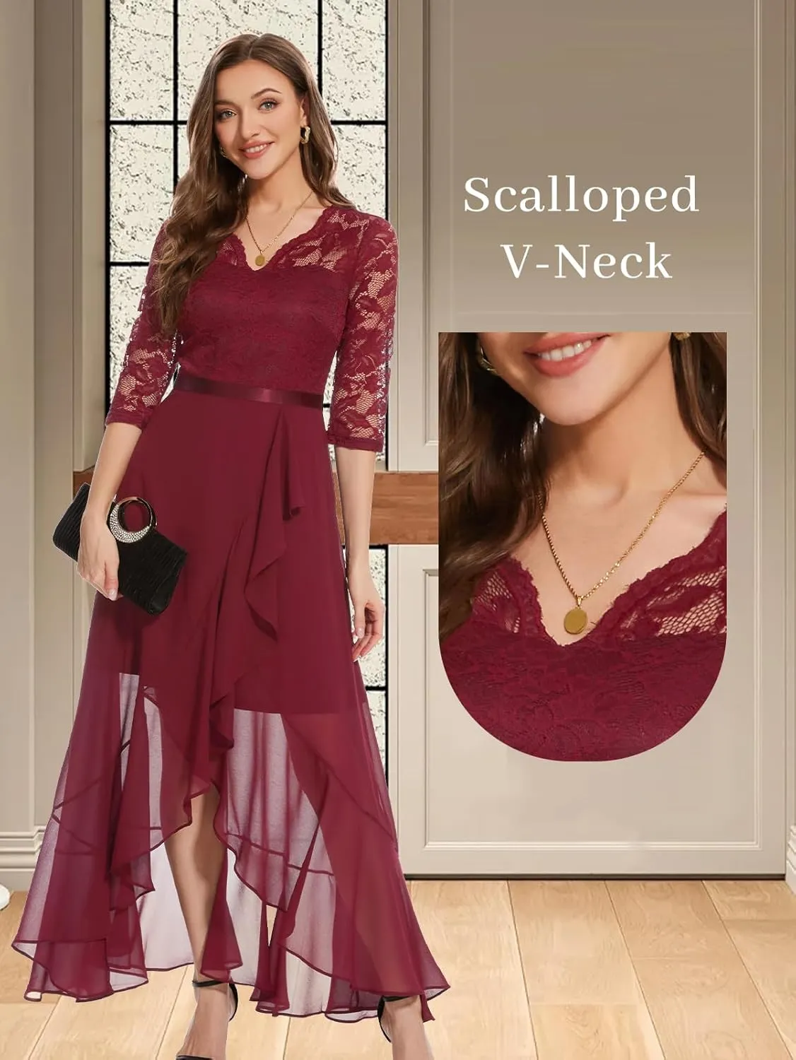 Bbonlinedress Women's V-Neck Dress for Women Wedding Guest Hi-Lo Floral Lace Prom Cocktail Party Formal Bridesmaid Dress