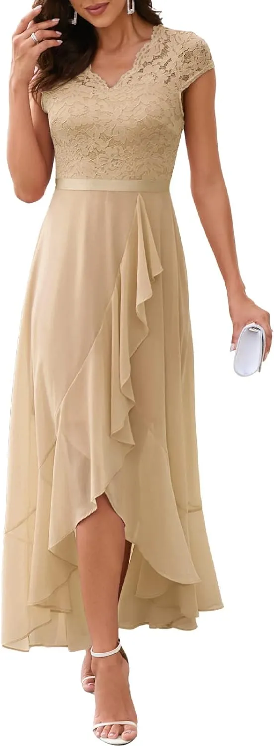 Bbonlinedress Women's V-Neck Dress for Women Wedding Guest Hi-Lo Floral Lace Prom Cocktail Party Formal Bridesmaid Dress