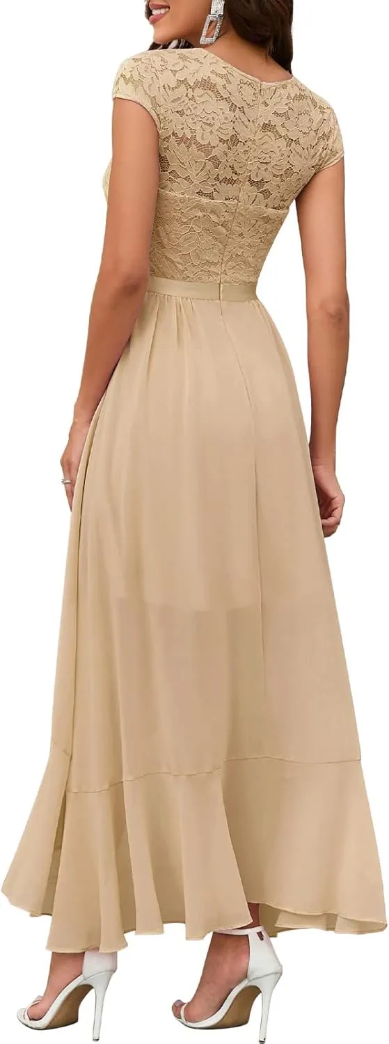 Bbonlinedress Women's V-Neck Dress for Women Wedding Guest Hi-Lo Floral Lace Prom Cocktail Party Formal Bridesmaid Dress