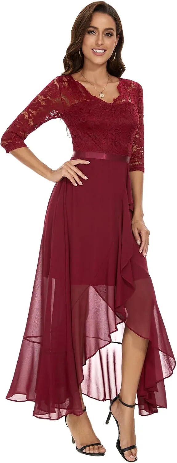Bbonlinedress Women's V-Neck Dress for Women Wedding Guest Hi-Lo Floral Lace Prom Cocktail Party Formal Bridesmaid Dress