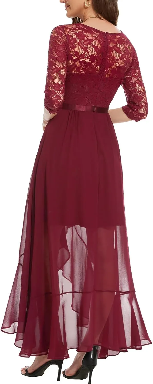 Bbonlinedress Women's V-Neck Dress for Women Wedding Guest Hi-Lo Floral Lace Prom Cocktail Party Formal Bridesmaid Dress