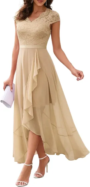 Bbonlinedress Women's V-Neck Dress for Women Wedding Guest Hi-Lo Floral Lace Prom Cocktail Party Formal Bridesmaid Dress