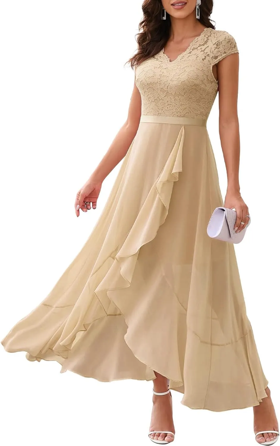 Bbonlinedress Women's V-Neck Dress for Women Wedding Guest Hi-Lo Floral Lace Prom Cocktail Party Formal Bridesmaid Dress