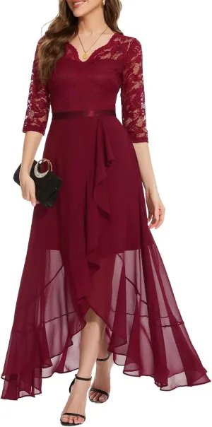 Bbonlinedress Women's V-Neck Dress for Women Wedding Guest Hi-Lo Floral Lace Prom Cocktail Party Formal Bridesmaid Dress