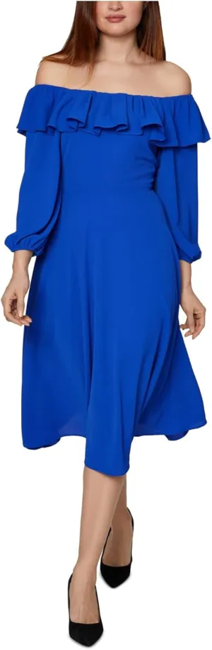 BCBGeneration Womens Stretch Ruffled Long Sleeve Midi Evening Fit   Flare Dress