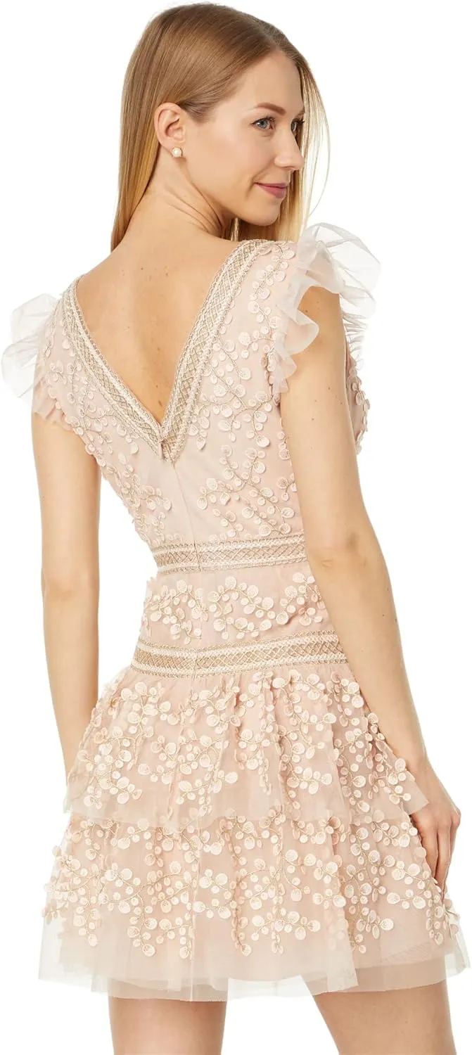 BCBGMAXAZRIA Women's Cap Sleeve a Line Evening Dress Square Neck Short Tiered Ruffle Skirt