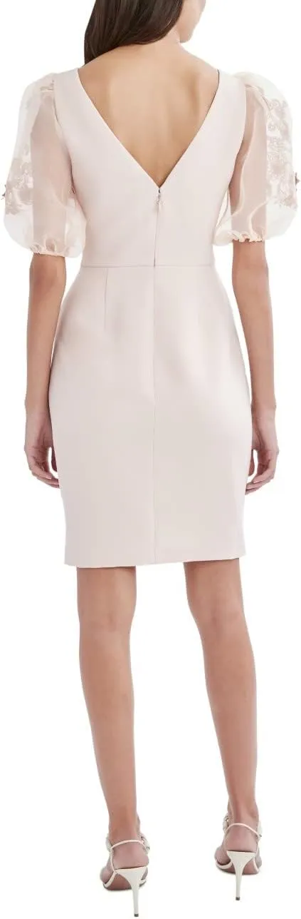 BCBGMAXAZRIA Women's Evening Dress with Sheer Short Balloon Sleeves