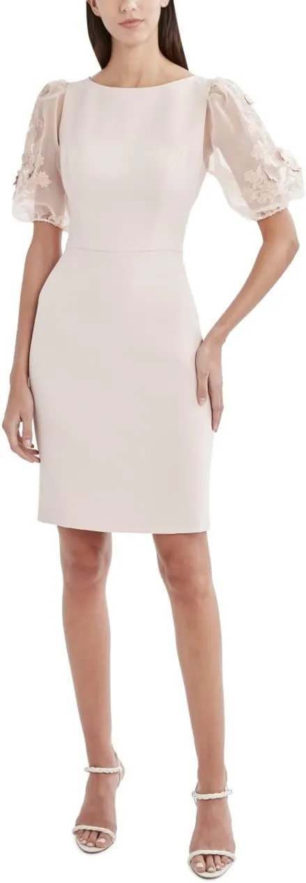 BCBGMAXAZRIA Women's Evening Dress with Sheer Short Balloon Sleeves