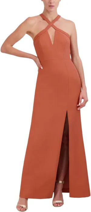 BCBGMAXAZRIA Women's Fit and Flare Floor Length Evening Dress Criss Cross Halter Neck Cut Outs Side Slit