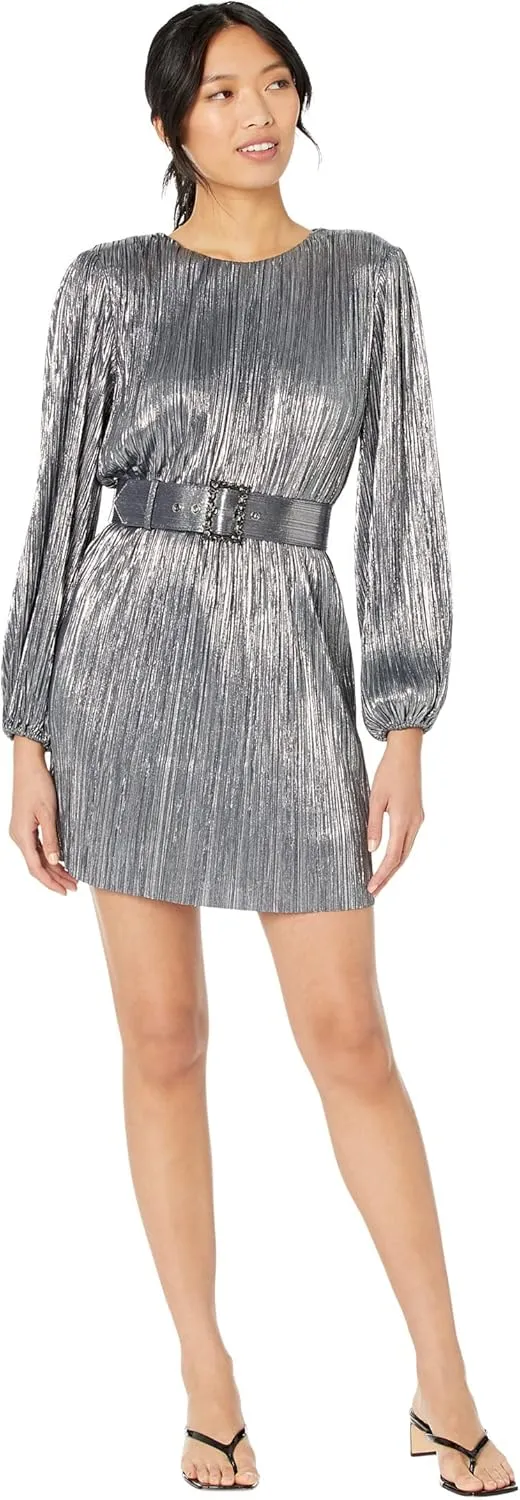 BCBGMAXAZRIA Women's Fitted Short Evening Dress Long Sleeve Round Neck Pleated Detachable Belt