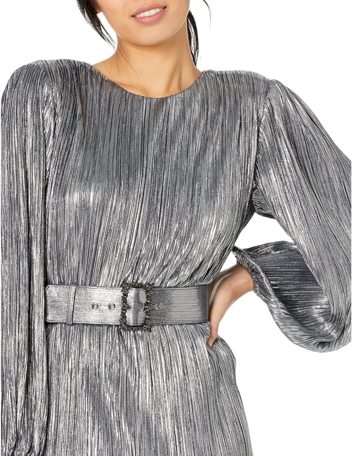 BCBGMAXAZRIA Women's Fitted Short Evening Dress Long Sleeve Round Neck Pleated Detachable Belt