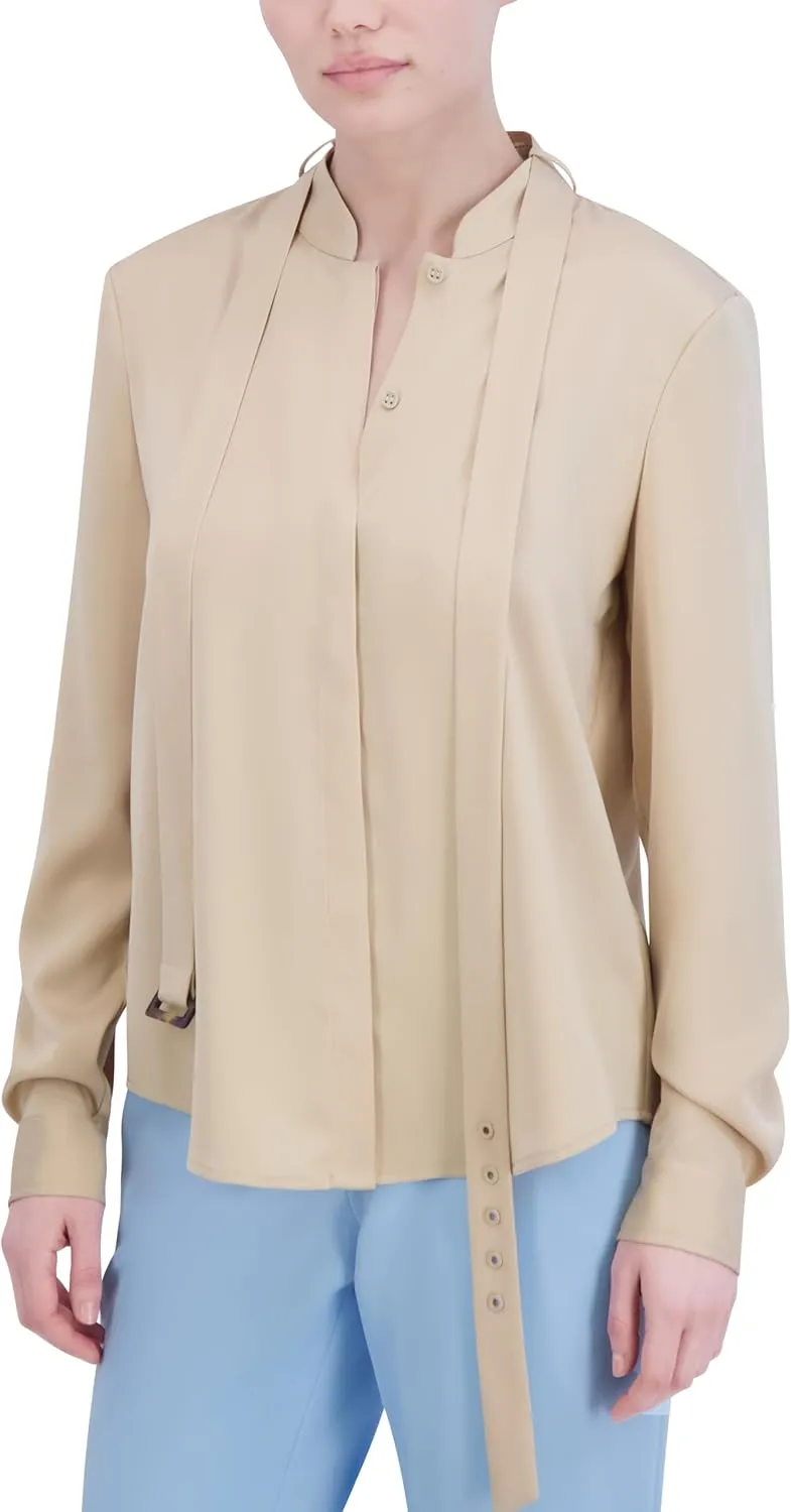 BCBGMAXAZRIA Women's Long Sleeve Mock Collar Neck Belt Tie Blouse Top