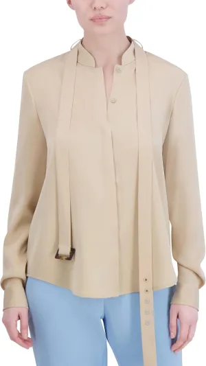 BCBGMAXAZRIA Women's Long Sleeve Mock Collar Neck Belt Tie Blouse Top