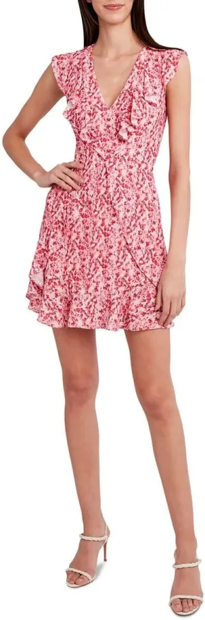 BCBGMAXAZRIA Women's Sleeve Fit and Flare Short Evening Dress with Ruffle Hem