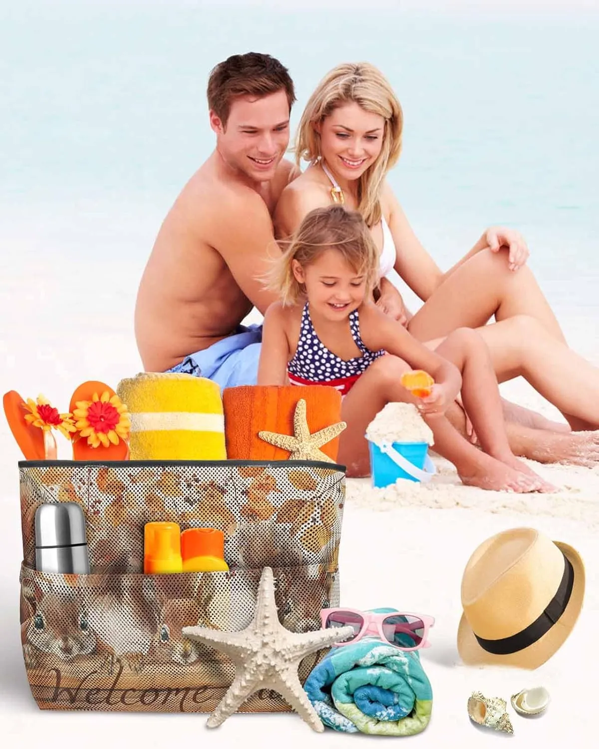 Beach Bag for Women Mesh Tote Bags Squirrel Autumn Tree Deciduous Farm Animal Pool Bag with Pockets Travel Tote Bags