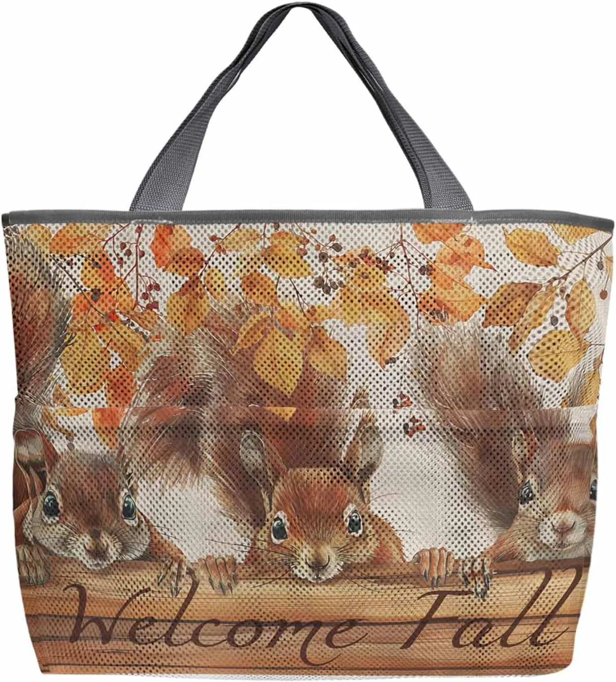 Beach Bag for Women Mesh Tote Bags Squirrel Autumn Tree Deciduous Farm Animal Pool Bag with Pockets Travel Tote Bags