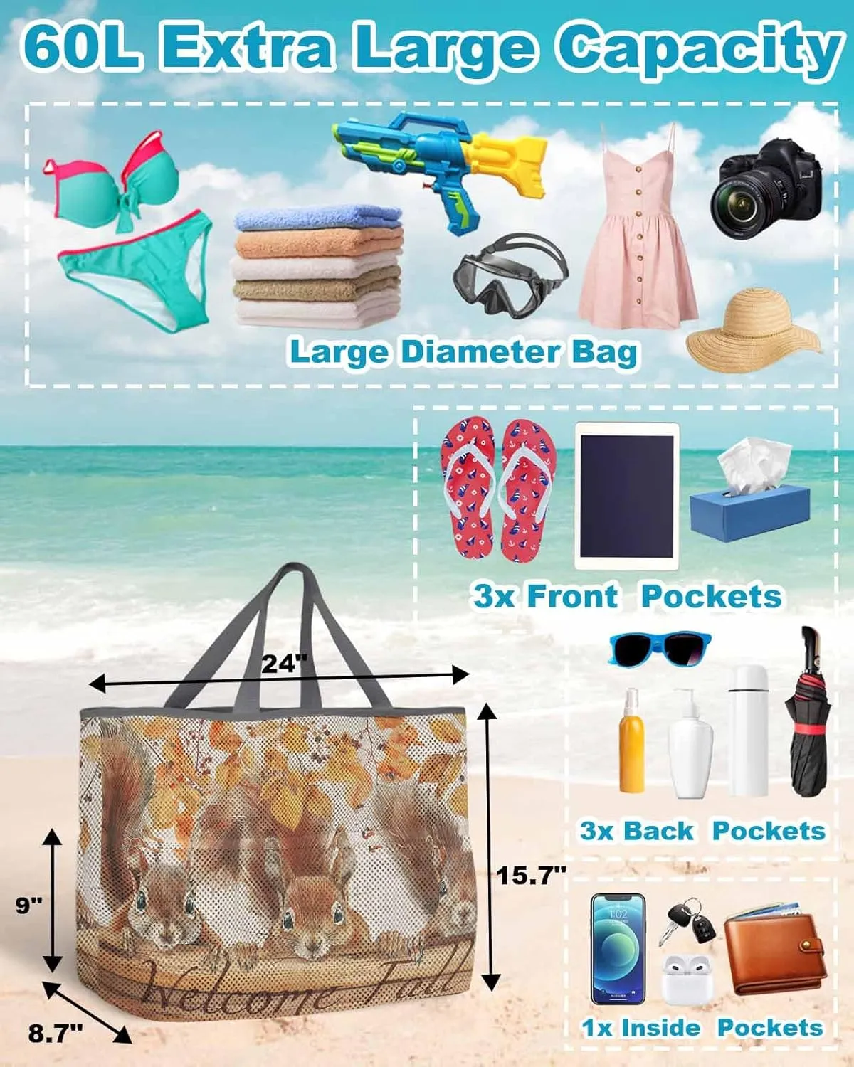 Beach Bag for Women Mesh Tote Bags Squirrel Autumn Tree Deciduous Farm Animal Pool Bag with Pockets Travel Tote Bags
